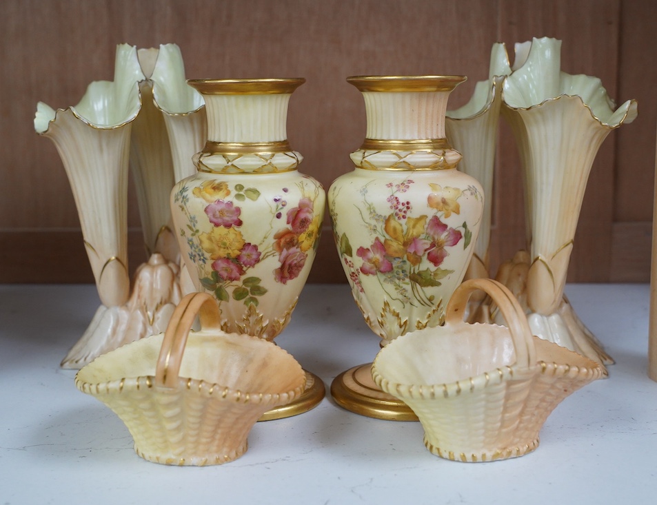 A pair of Worcester vases, shape number 1730, a pair of similar baskets and a pair of Locke & Co. Worcester vases, tallest 16cm. Condition - fair to good, one Locke & Co. vase has a small hairline crack, wear to gilding